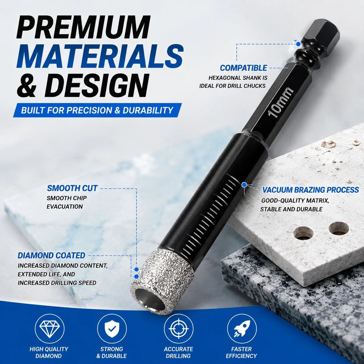 Brazed diamond cutting edge and anti-slip hex shank