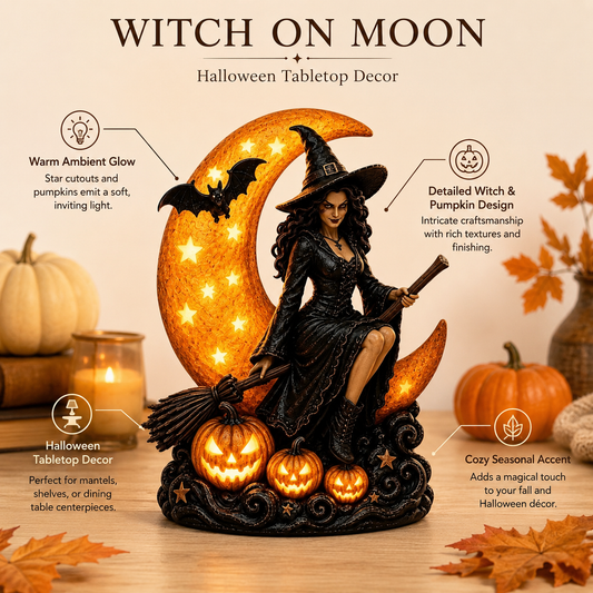 🔥🎃40% OFF Lighted Witch on Crescent Moon with Pumpkins LED Halloween Tabletop Lamp