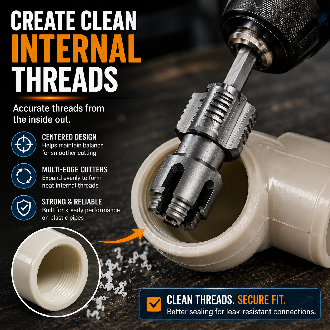 Drill-Powered Pipe Thread Cutting Bit — Internal & External Threading for 1/2' & 3/4' Plastic Pipes