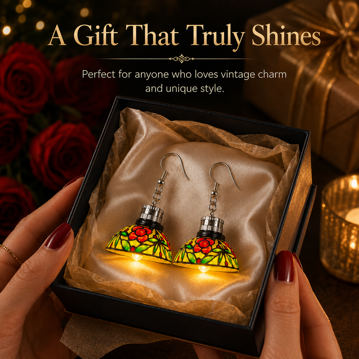 Vintage light-up chandelier earring close detail