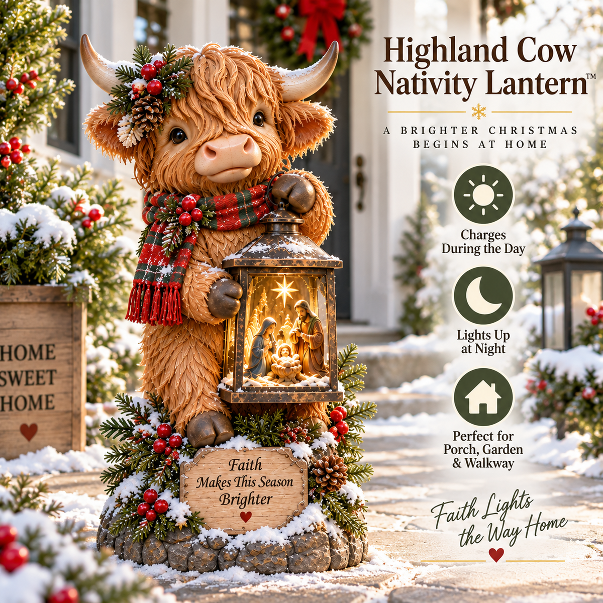 🐮✨ Highland Cow Nativity Lantern™ – Solar Lighted Christmas Porch & Garden Decor ✝️🎄