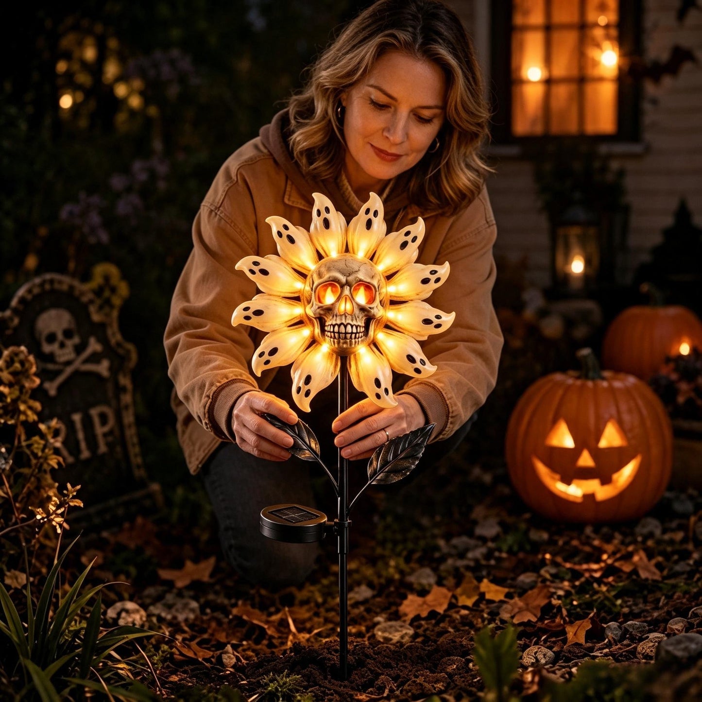 👻 Skull & Ghost Sunflower Solar Garden Stake