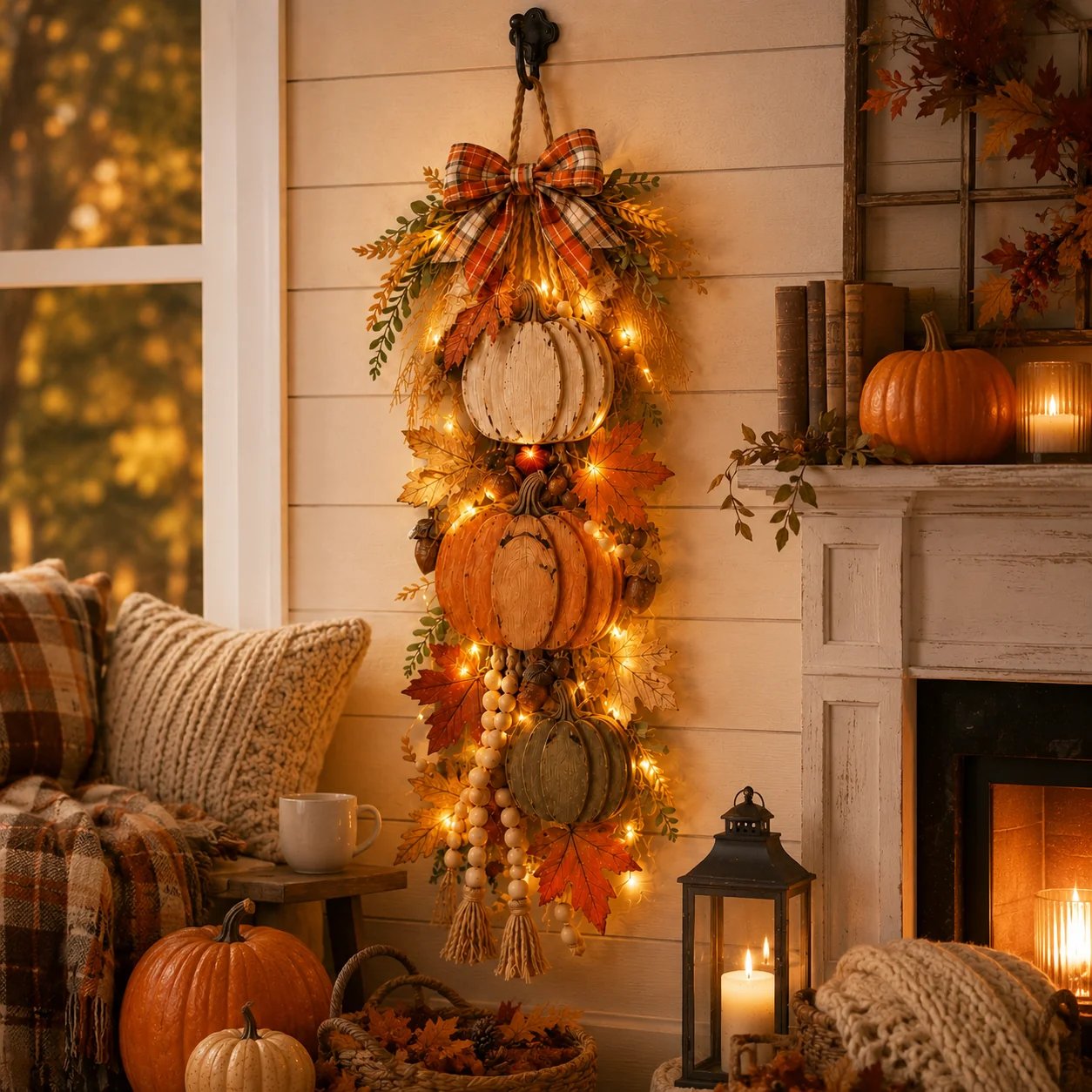 Warm LED light and fall leaf detail