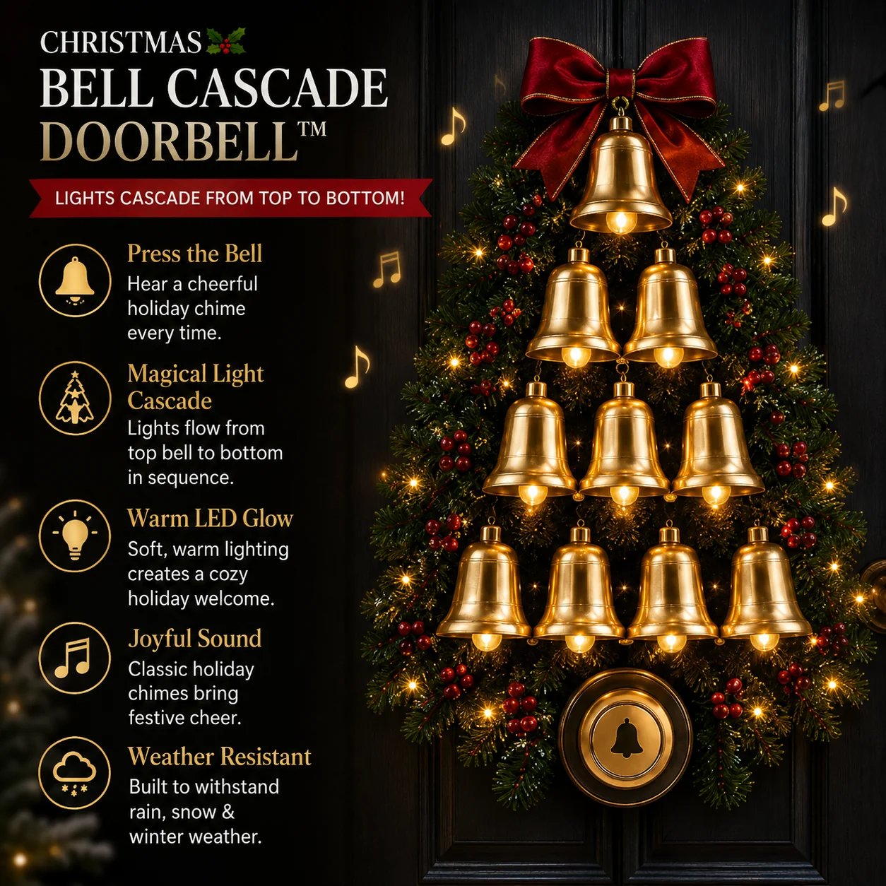 🔔 Christmas Bell Cascade Doorbell™ – Light-Up Holiday Chime Door Decor 🎄