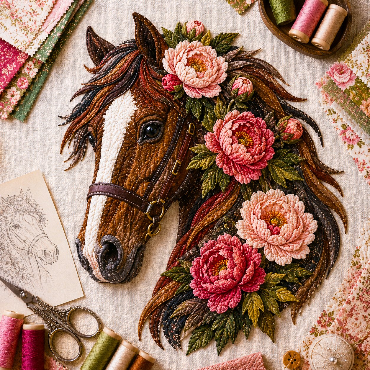 🔥LAST DAY 50% OFF - 🐴 Floral Horse Patchwork Fabric DIY Decor Kit — Handmade Fabric Horse Art with Flowers, Nature & Rustic Charm