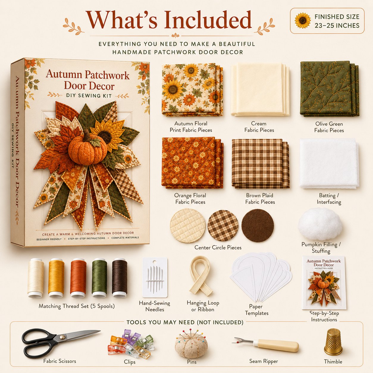 Kit contents for the Oversized Seasonal Quilted Door Bow DIY Sewing Kit