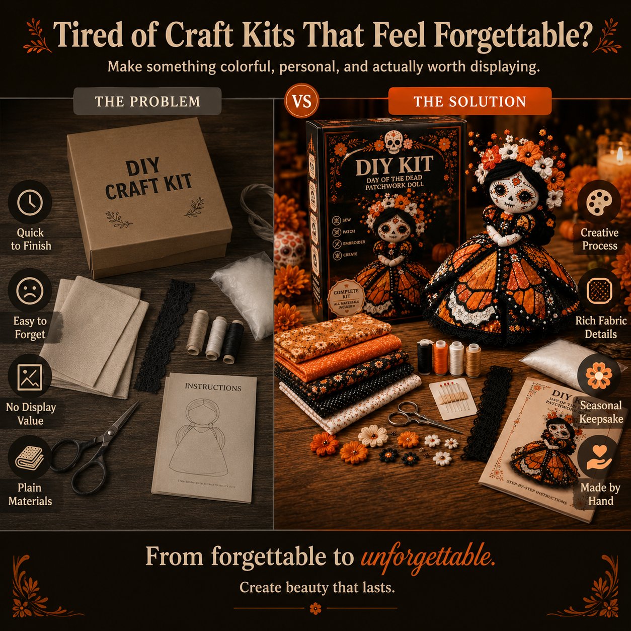 🔥 Day of the Dead Patchwork Doll DIY Kit | Handmade Fabric Craft with Floral Details