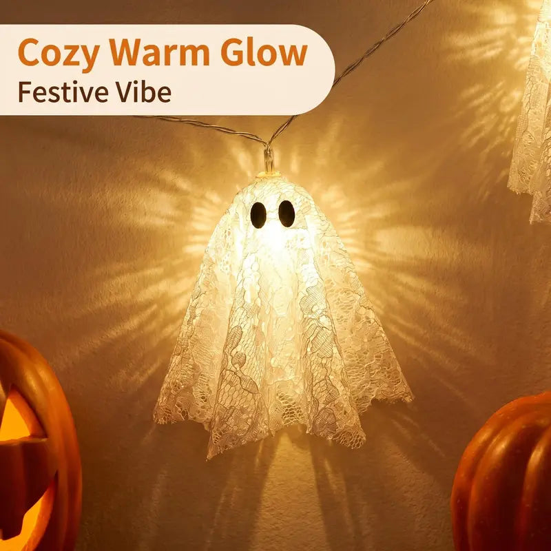 10pcs Halloween Ghost String Lights, Atmospheric Glitter Ghost LED Lights, Battery Operated