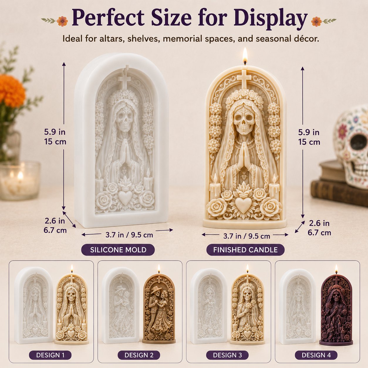 ⏳ Last Day 49% OFF – 💀 4-Piece Día de los Muertos 3D Relief Candle Mold Set | Detailed Skeleton, Floral & Arched Designs for Handmade Decorative Candles 🕯️✨