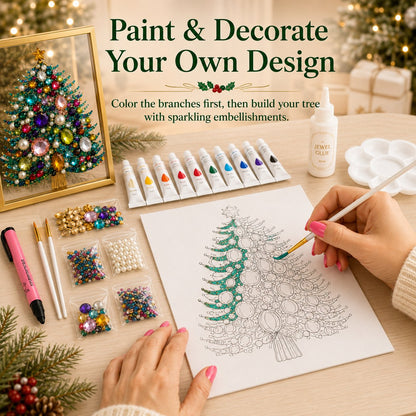 🔥 LAST DAY 49% OFF – 🎄 DIY Jeweled Christmas Tree Art Kit | Colorful Gems, Pearls, Paints & Gold-Tone Floating Display Frame 💎✨