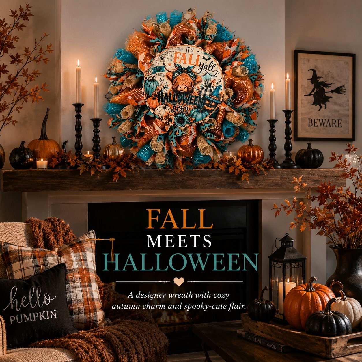 Handmade Highland Cow Fall & Halloween Wreath