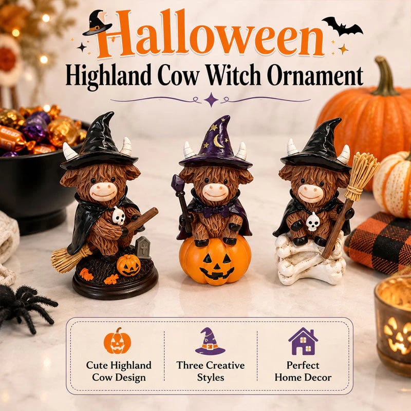 🎃Halloween Highland Cow Witch Ornament – Spooky-Cute Tabletop Decor for Mantel, Shelf & Candy Station