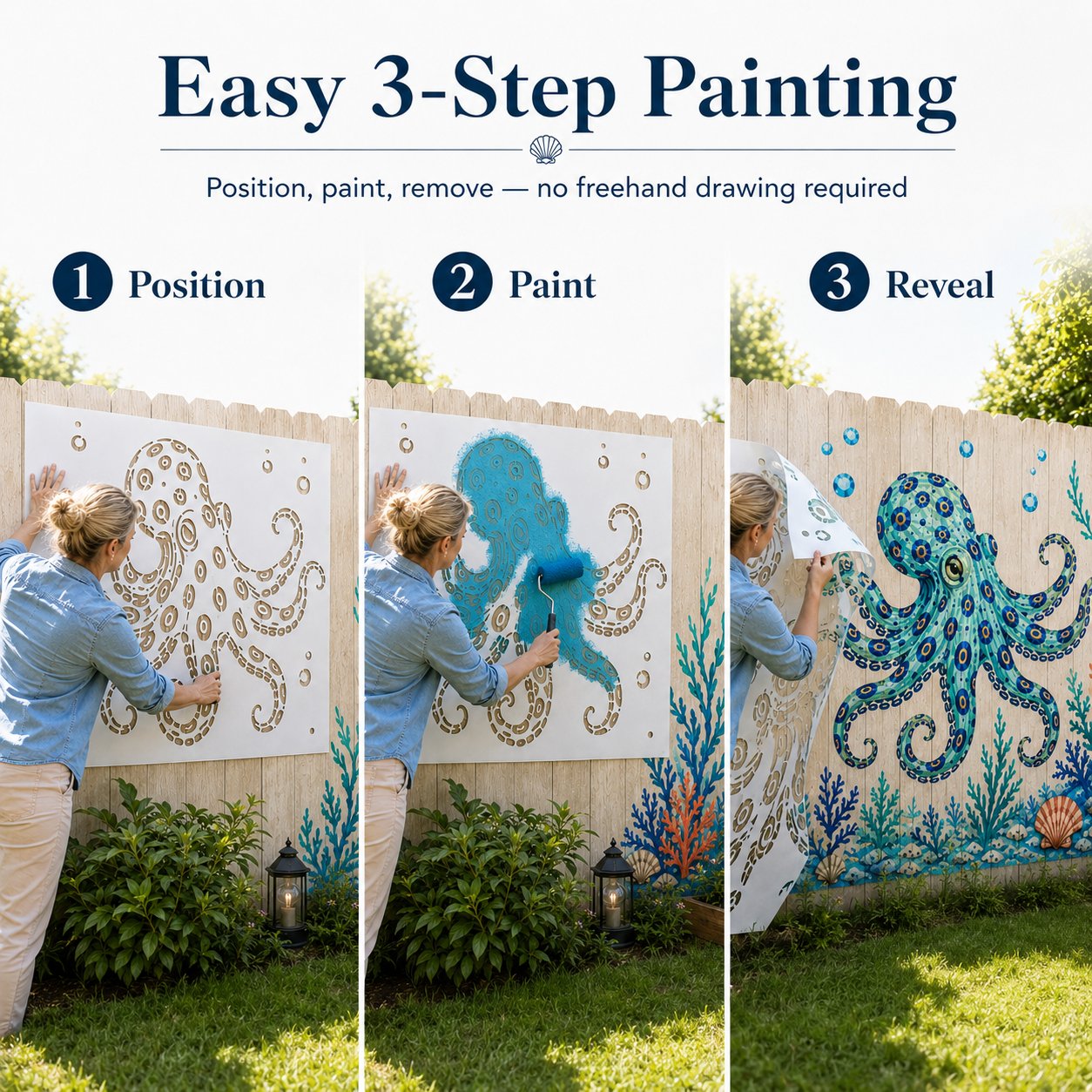 🐙 Reusable Ocean Octopus Mural Stencil Set | Bring Plain Walls & Fences to Life with a Bold Underwater Scene 🌊🎨✨