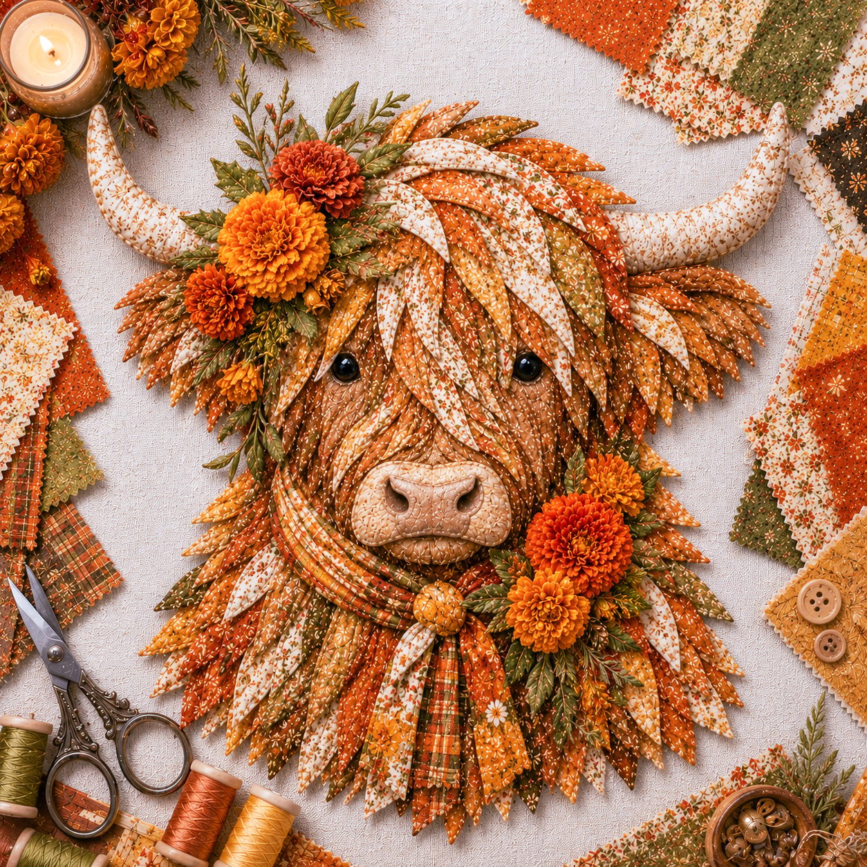 🐮💐🌸 Birth Flower Highland Cow 3D Layered Fabric Art DIY Kit (Beginner-friendly) 🔥