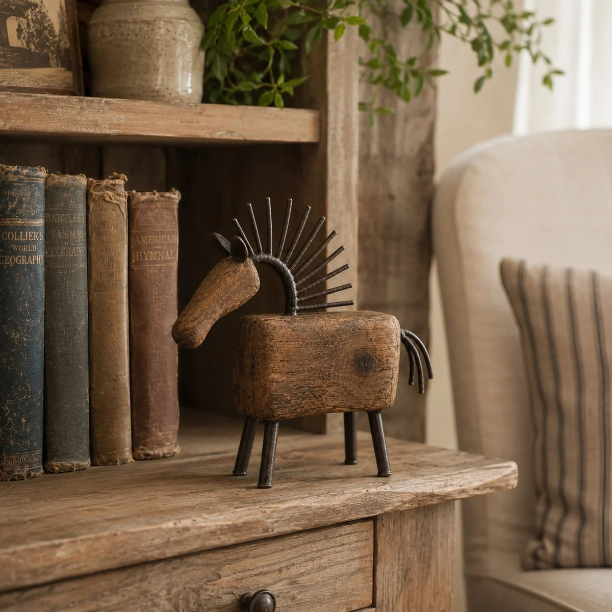 Vintage Primitive Wood & Metal Horse Sculpture