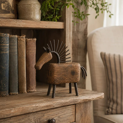 Vintage Primitive Wood & Metal Horse Sculpture