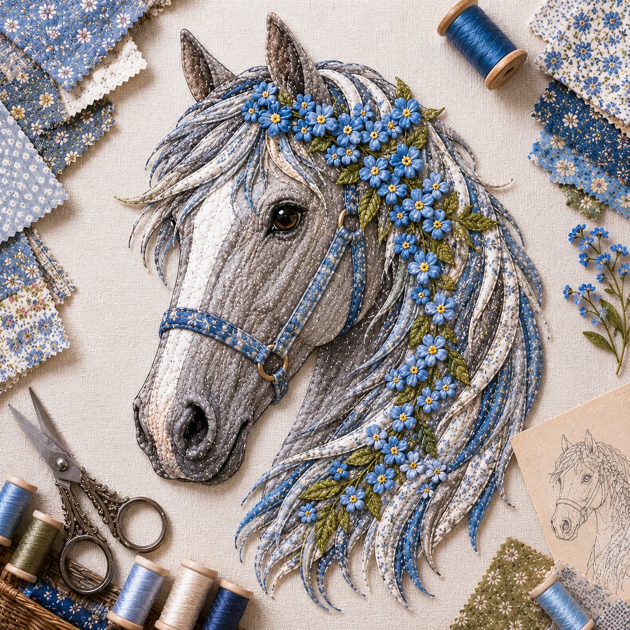 🔥LAST DAY 50% OFF - 🐴 Floral Horse Patchwork Fabric DIY Decor Kit — Handmade Fabric Horse Art with Flowers, Nature & Rustic Charm