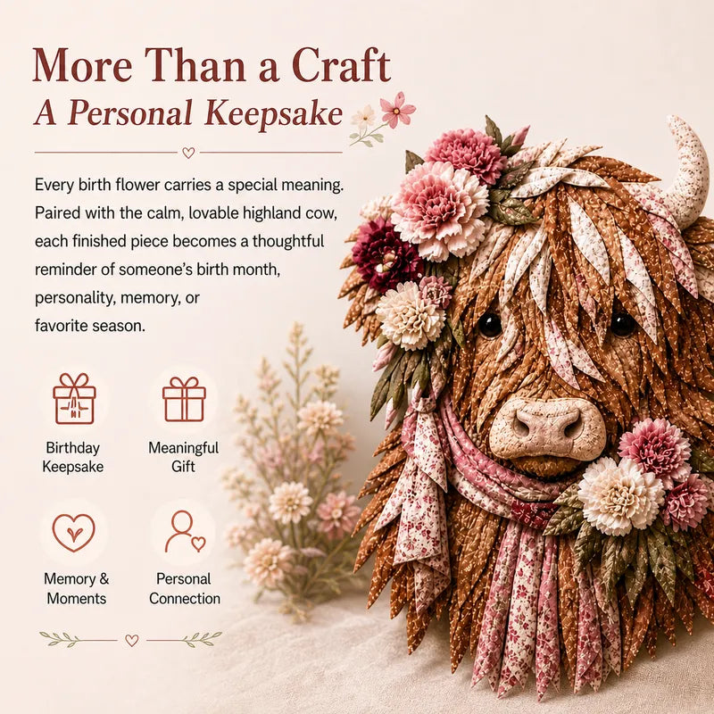 💐🌸 Birth Flower Highland Cow 3D Layered Fabric Art DIY Kit 🐮