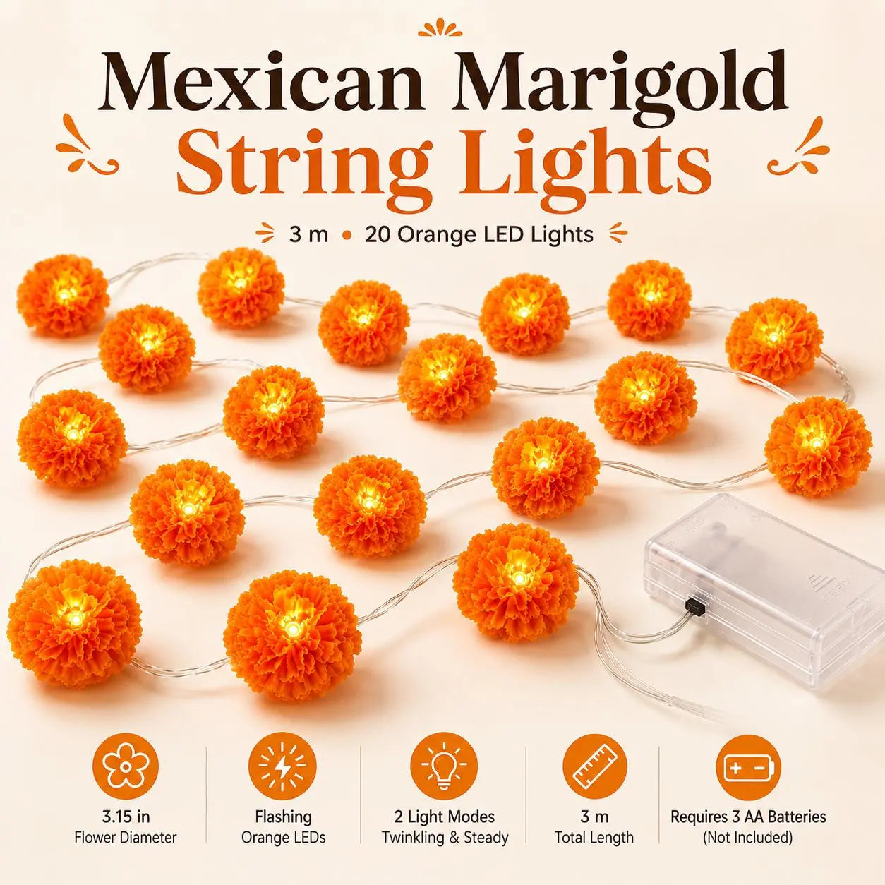 3M 20-LED Marigold String Lights for Ofrenda, Halloween & Fall Decor