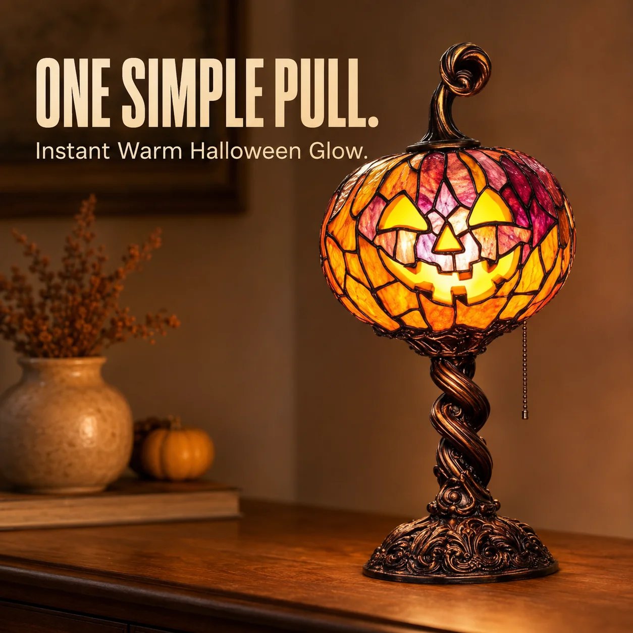 🔥HOT SALE🔥🎃 Halloween Pumpkin Glow Lamp – Vintage Stained-Glass-Style Table Light