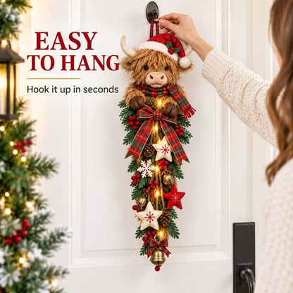 🎄 Lighted Highland Cow Christmas Door Swag – A Cozy Holiday Welcome