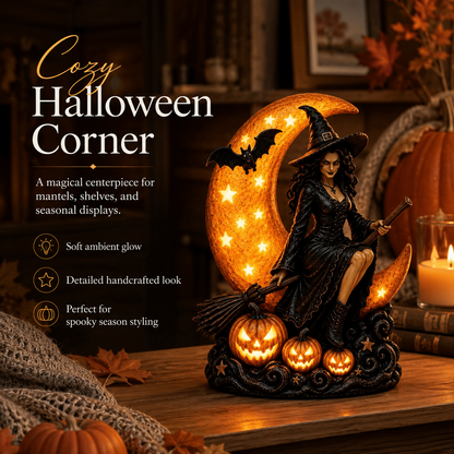 🔥🎃40% OFF Lighted Witch on Crescent Moon with Pumpkins LED Halloween Tabletop Lamp