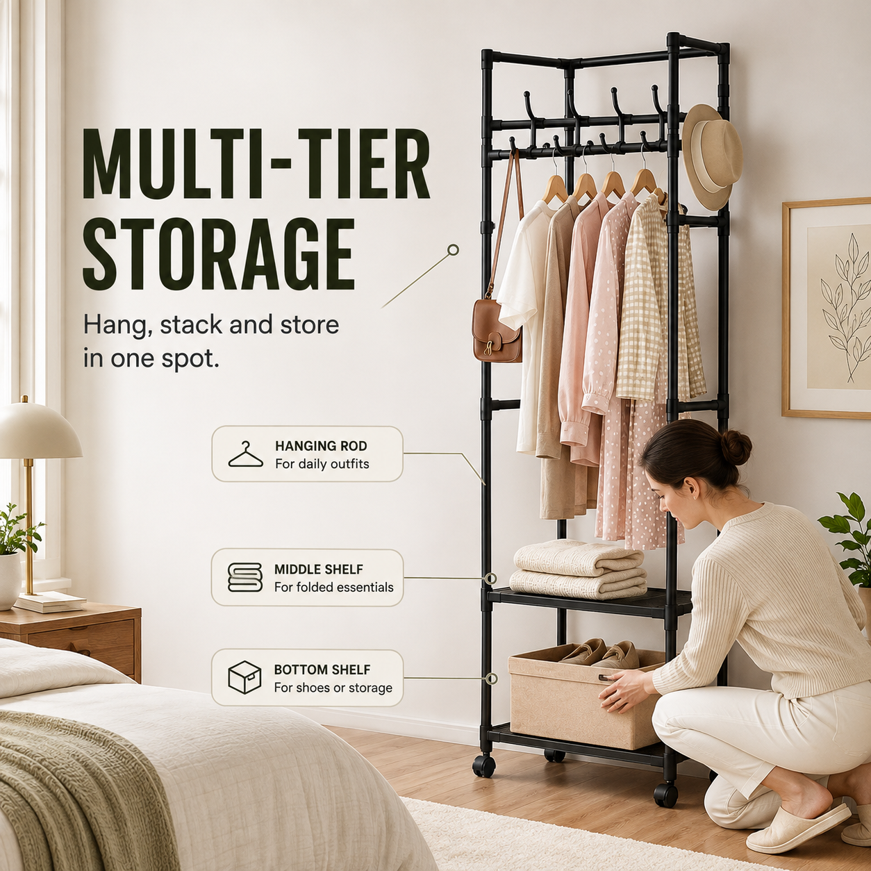 Multi-Functional Rolling Garment Rack with Bottom Storage
