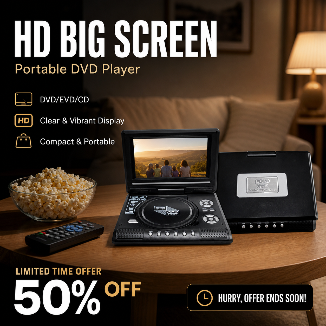 Rechargeable portable DVD player for home and travel
