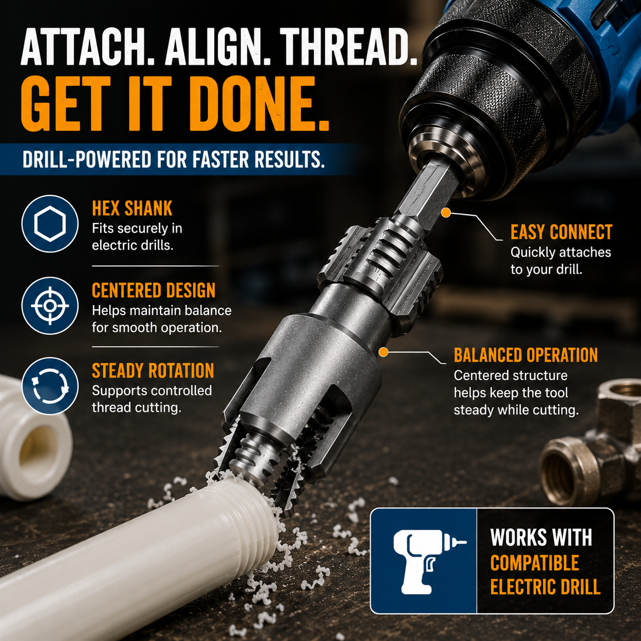 Drill-Powered Pipe Thread Cutting Bit — Internal & External Threading for 1/2' & 3/4' Plastic Pipes