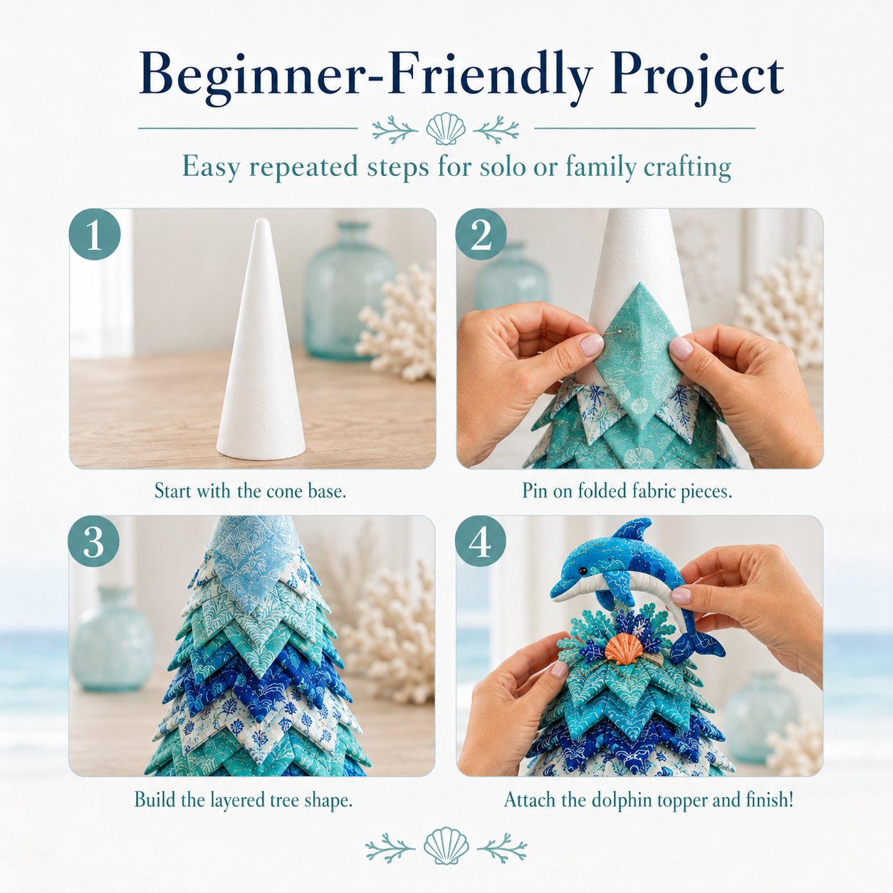 🌊 Ocean Dreams Layered Fabric Tree Craft Kit | Create a Freestanding Coastal Centerpiece with Coordinated Fabrics & Marine Topper 🐚✨