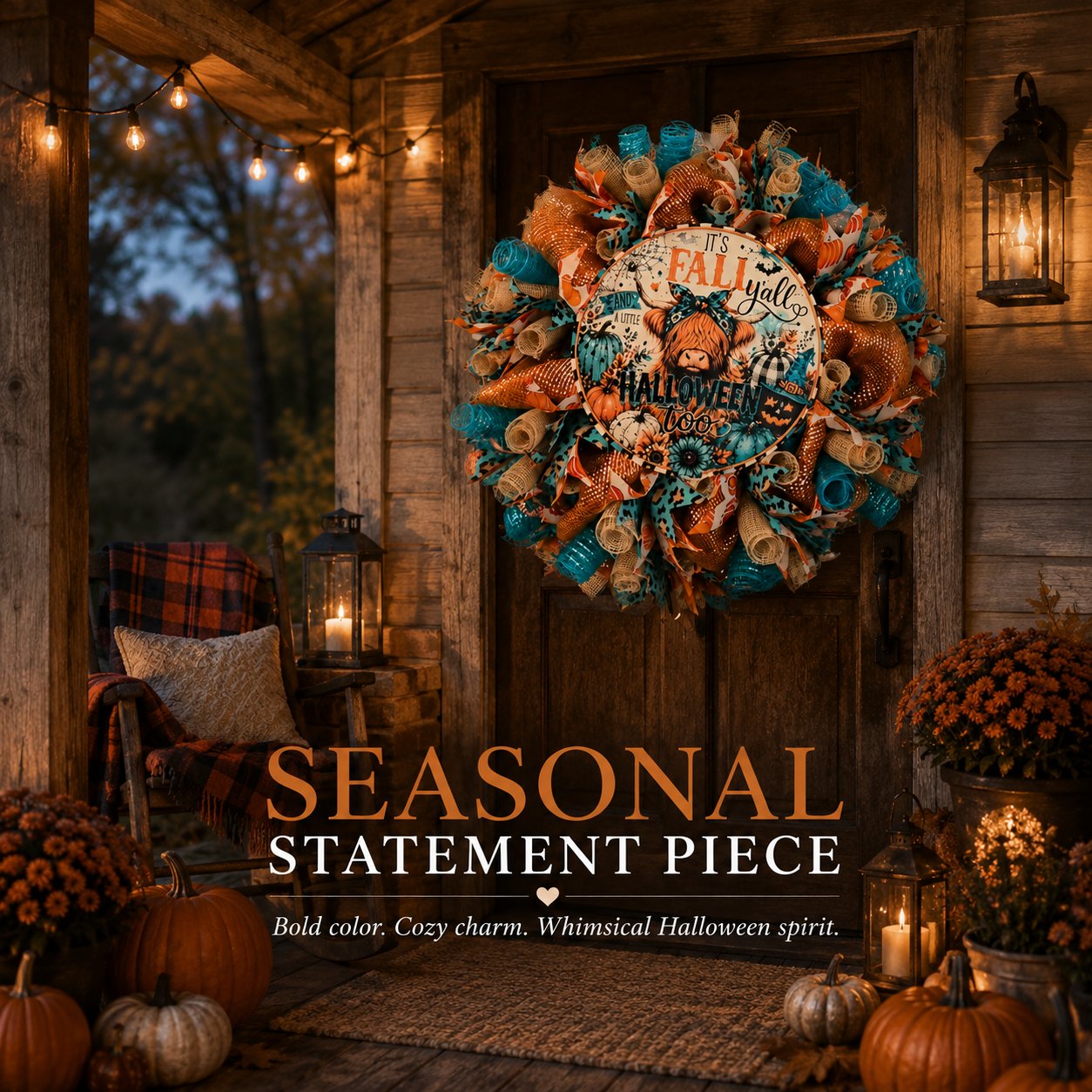 Handmade Highland Cow Fall & Halloween Wreath