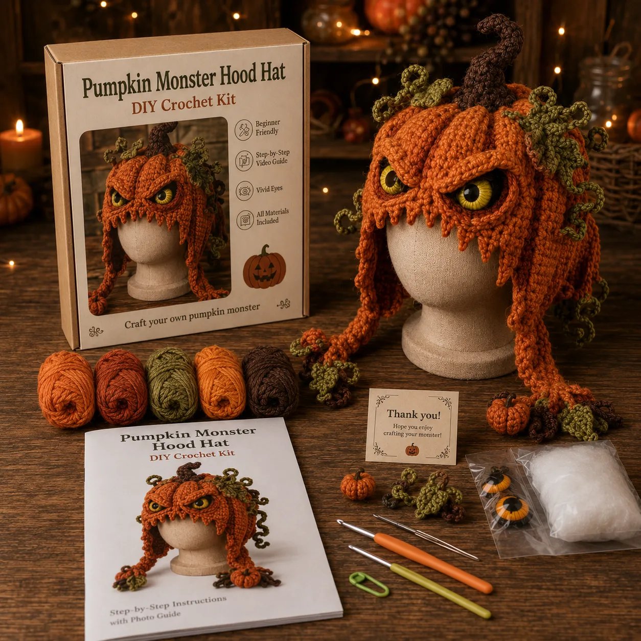 🎭🎃 Halloween Monster Hood DIY Crochet Kit | Premium Soft Yarn Materials with Step-by-Step Guide DIY Handmade Wearable Character Hood 🧶✨