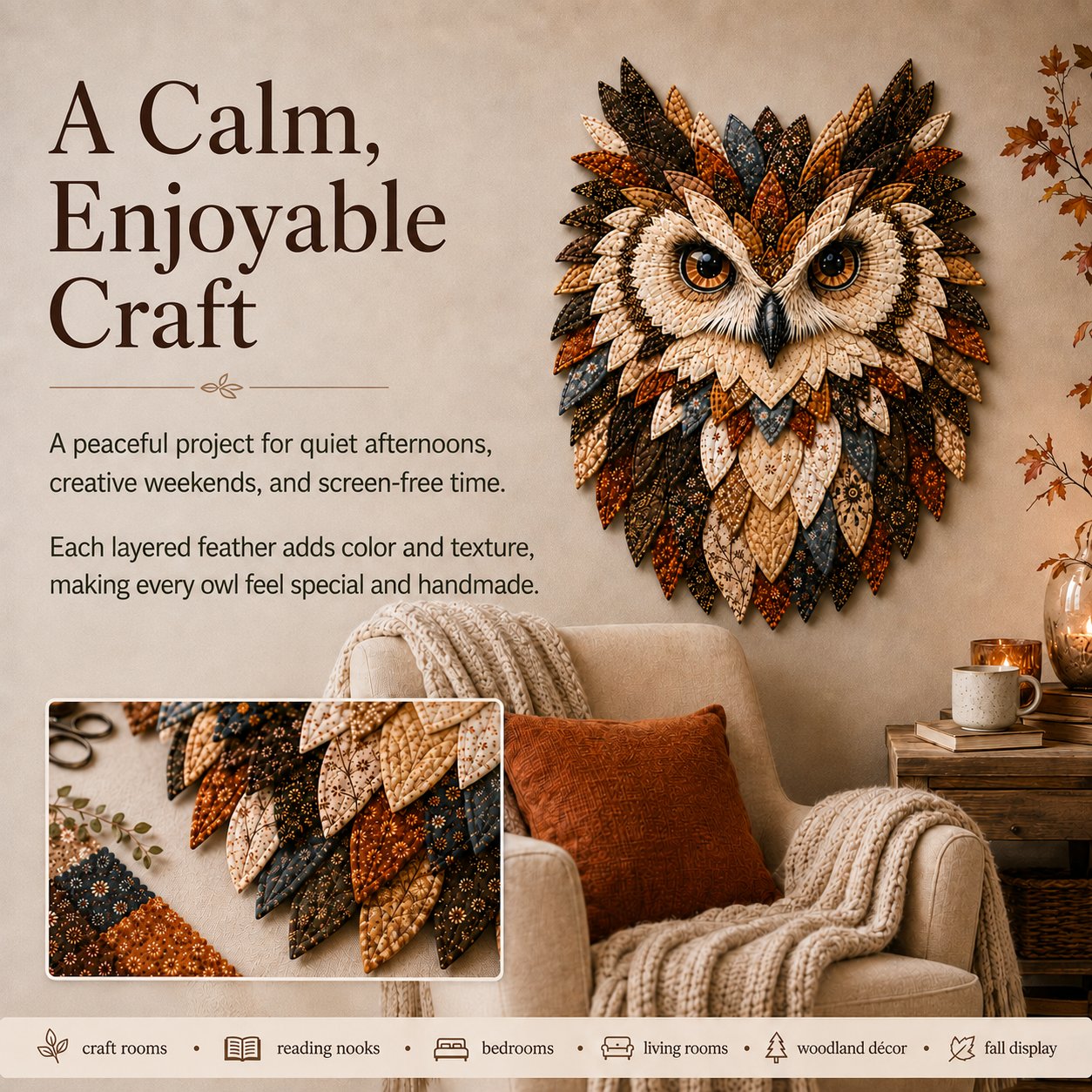 Fabric owl wall art close-up
