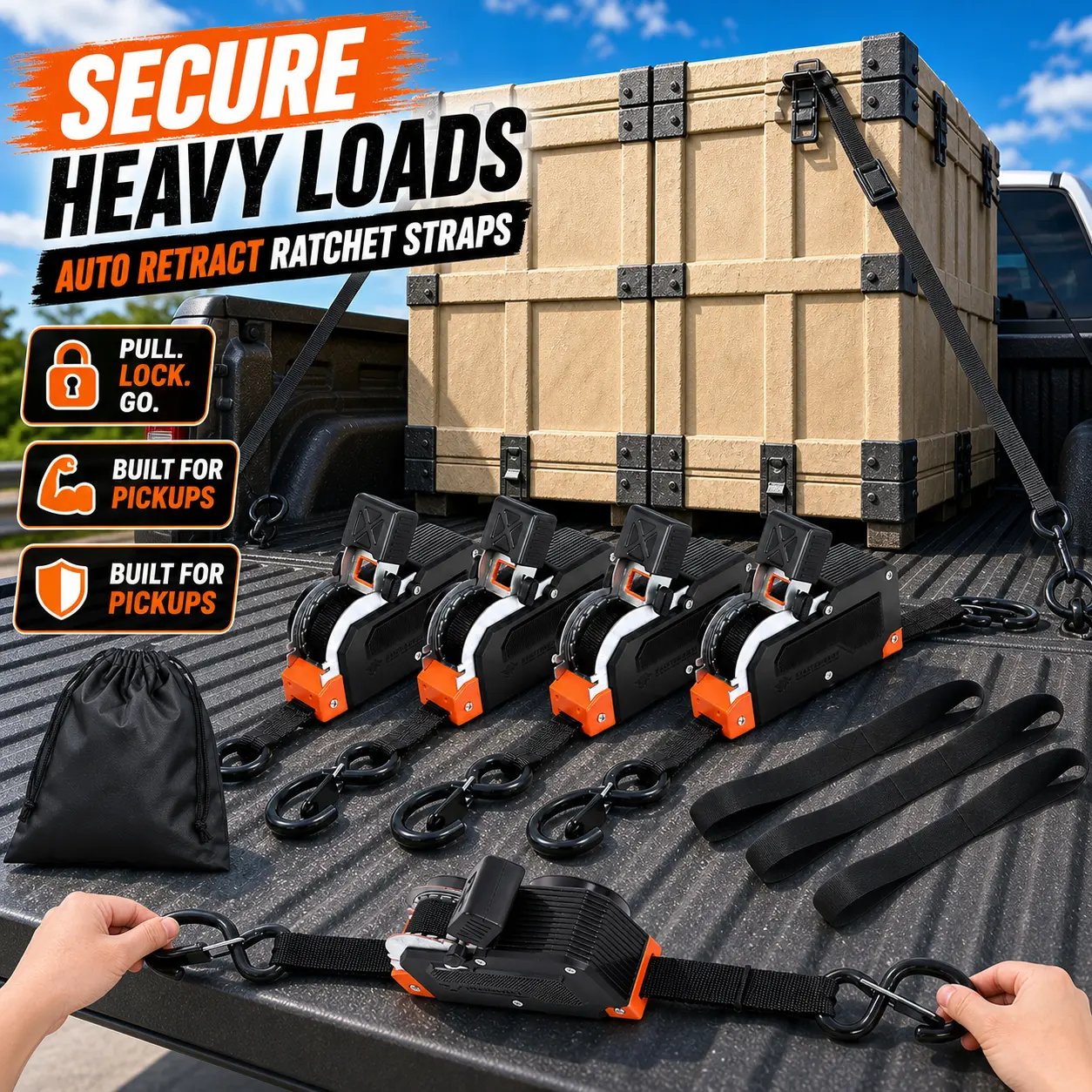 Dual-End Retractable Tie-Down Ratcheting Straps