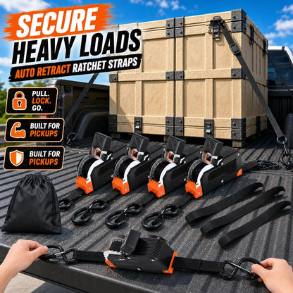 Dual-End Retractable Tie-Down Ratcheting Straps