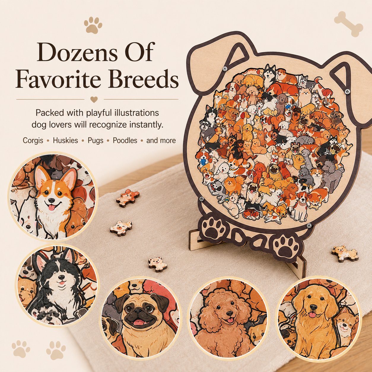 🔥Last Day 50% OFF - Charming Dog Breed Wooden Silhouette Puzzle Board With Stand