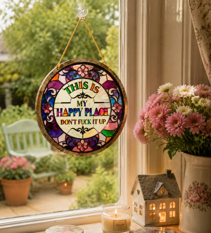 🔥 LAST DAY 49% OFF – 🌈 Stained Glass-Style Happy Place Hanging Suncatcher | Sunlight-Catching Quote Decor for Windows, Porches, Patios & Gifts ✨