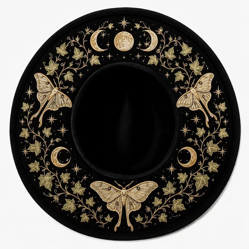 🖤 Gothic Embroidered Wide Brim Fedora Hat | Black Felt Design with Detailed Underside Embroidery in 7 Witchy, Celestial & Halloween Styles 🌙