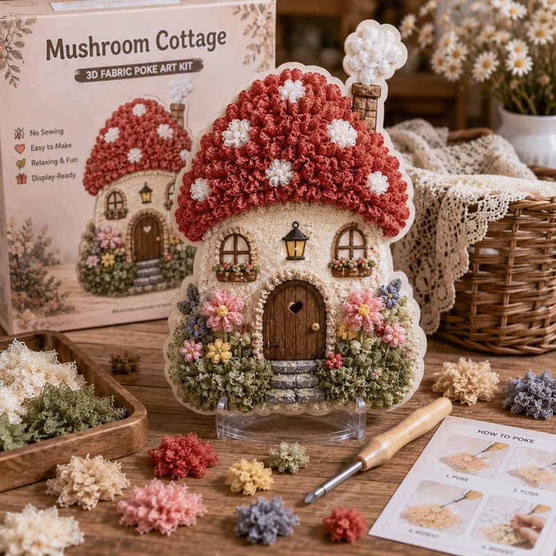 ✨ Whimsical Village 3D Fabric Poke Art Kit | No-Sew Storybook Cottage Craft with Soft 3D Texture, Poke Tool & Display Stand 🏡🧵