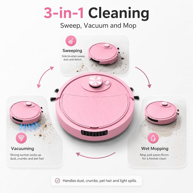 Three-in-one sweeping vacuuming and wiping functions