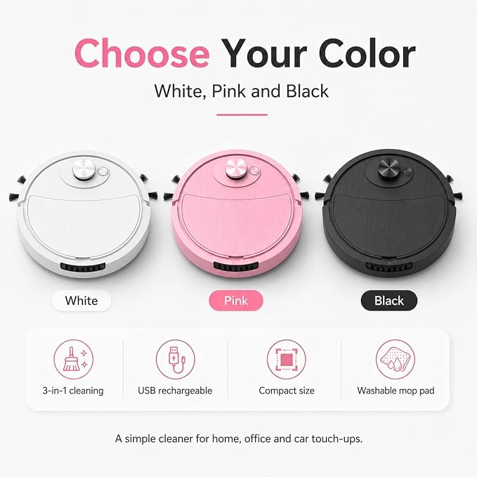 Pink white and black mini cleaning robots