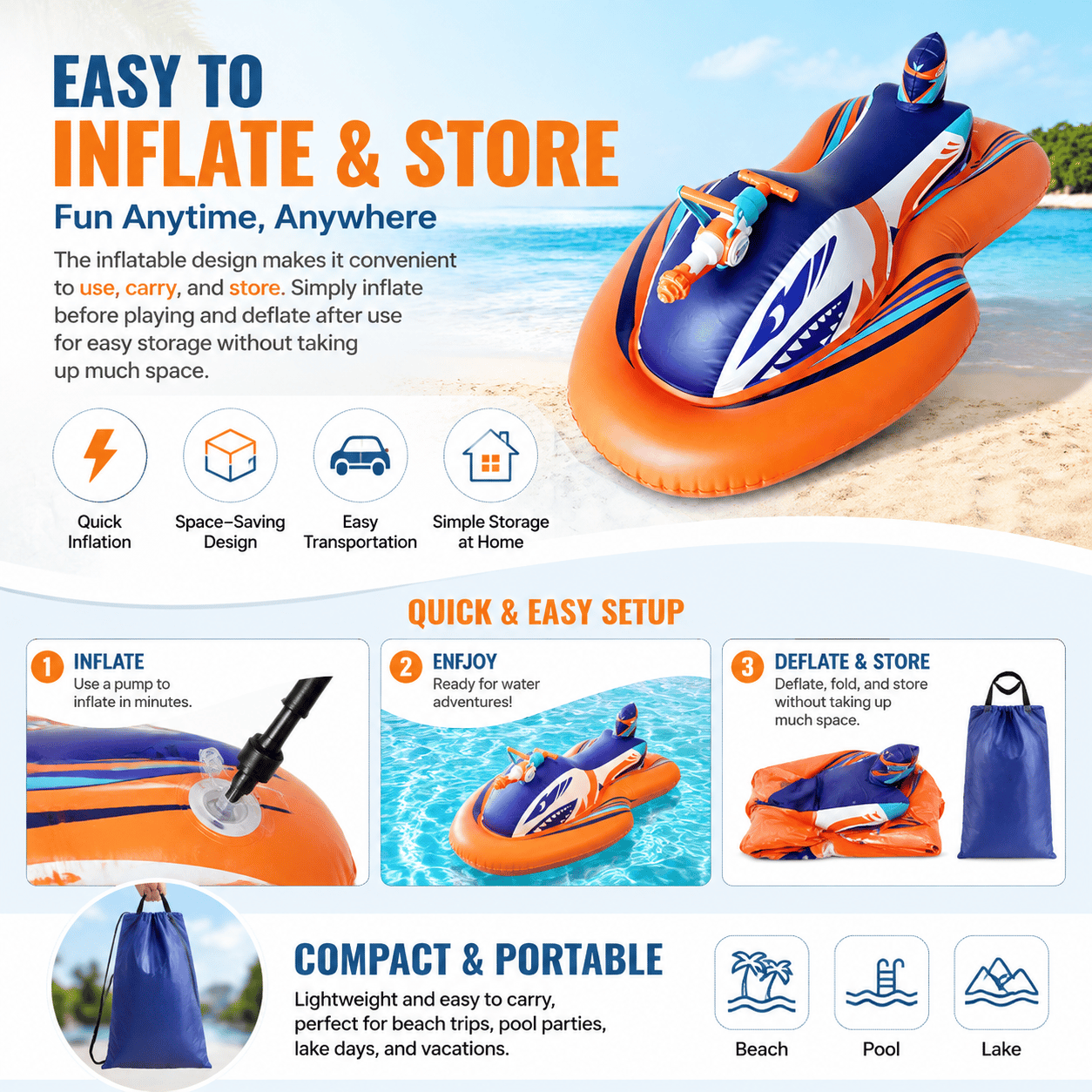🏆2026 Upgraded 60% OFF🌊 2-in-1 Shark Inflatable Jet Water Ski🚤 Built-in Water Gun