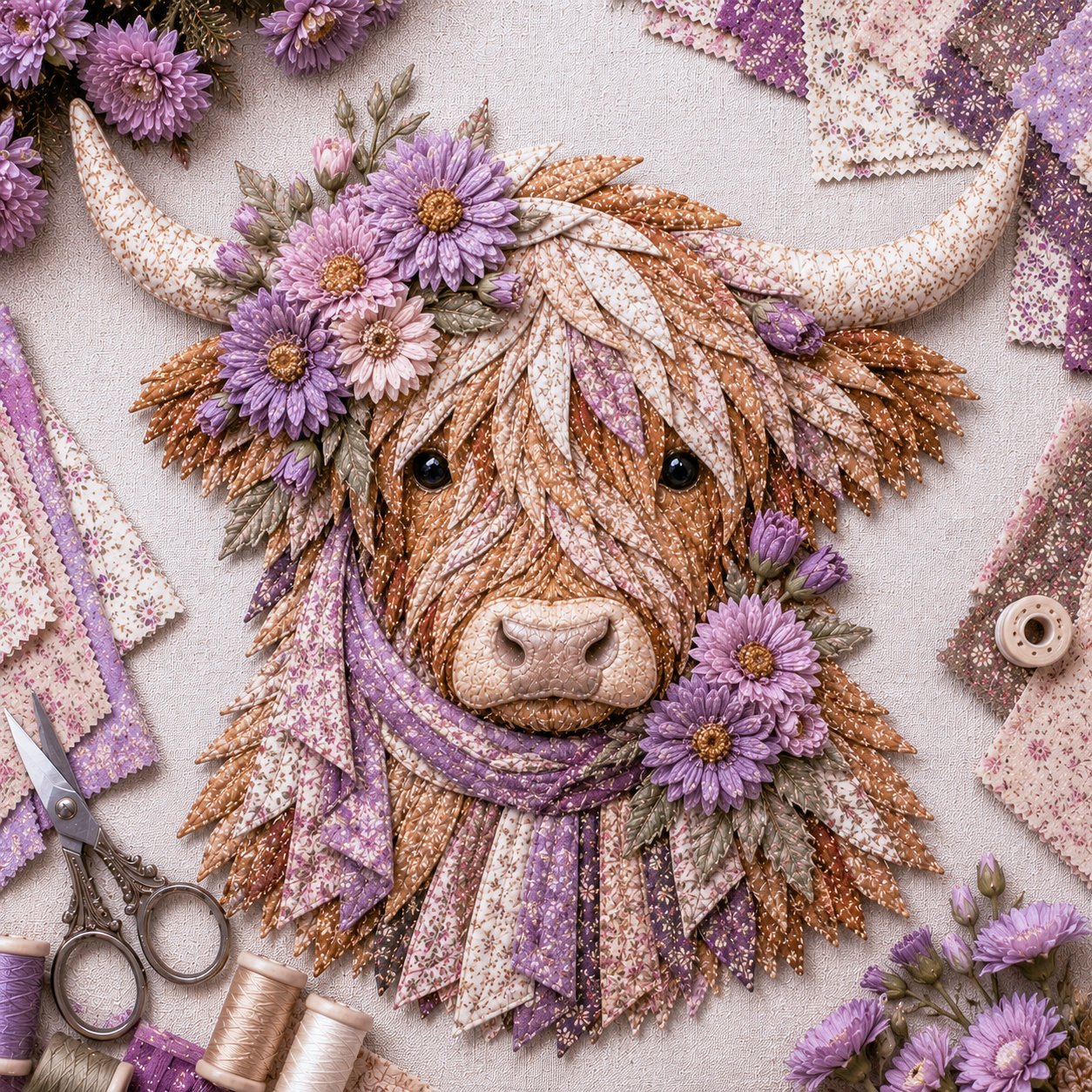 🐮💐🌸 Birth Flower Highland Cow 3D Layered Fabric Art DIY Kit (Beginner-friendly) 🔥