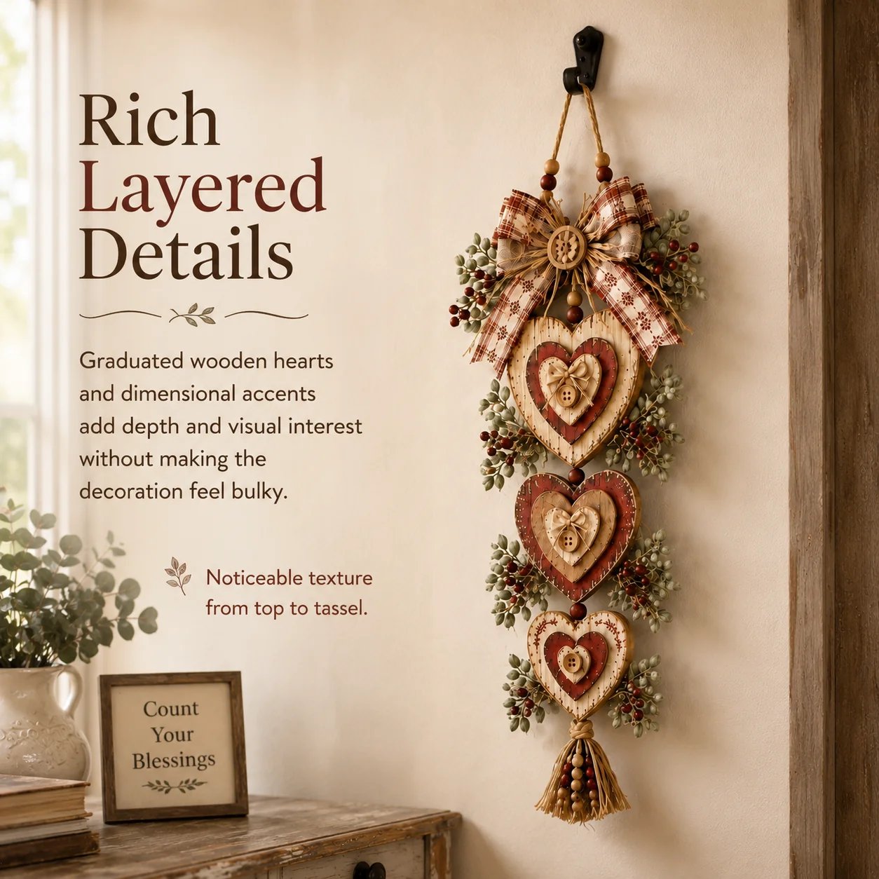 🍂🤎Vintage Farmhouse Layered Heart Wall Hanging
