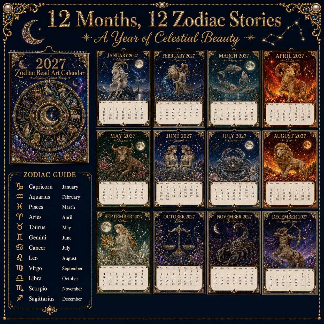 🌙 Beginner-Friendly 2027 Twelve Zodiac Bead Art Calendar Kit | Complete Kit with Zodiac Design Base, Decorative Beads & Step-by-Step Guide Included 💕