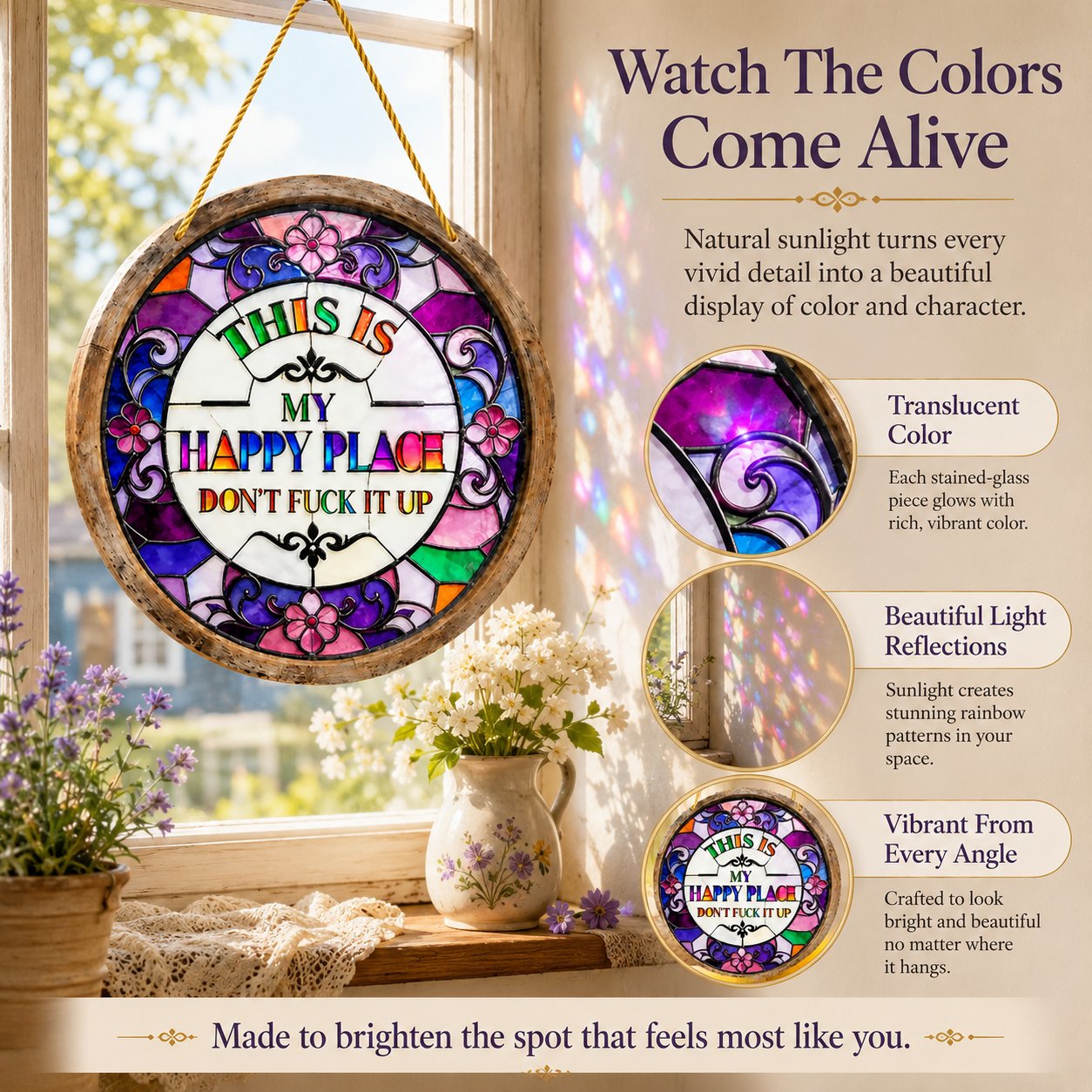 🔥 LAST DAY 49% OFF – 🌈 Stained Glass-Style Happy Place Hanging Suncatcher | Sunlight-Catching Quote Decor for Windows, Porches, Patios & Gifts ✨