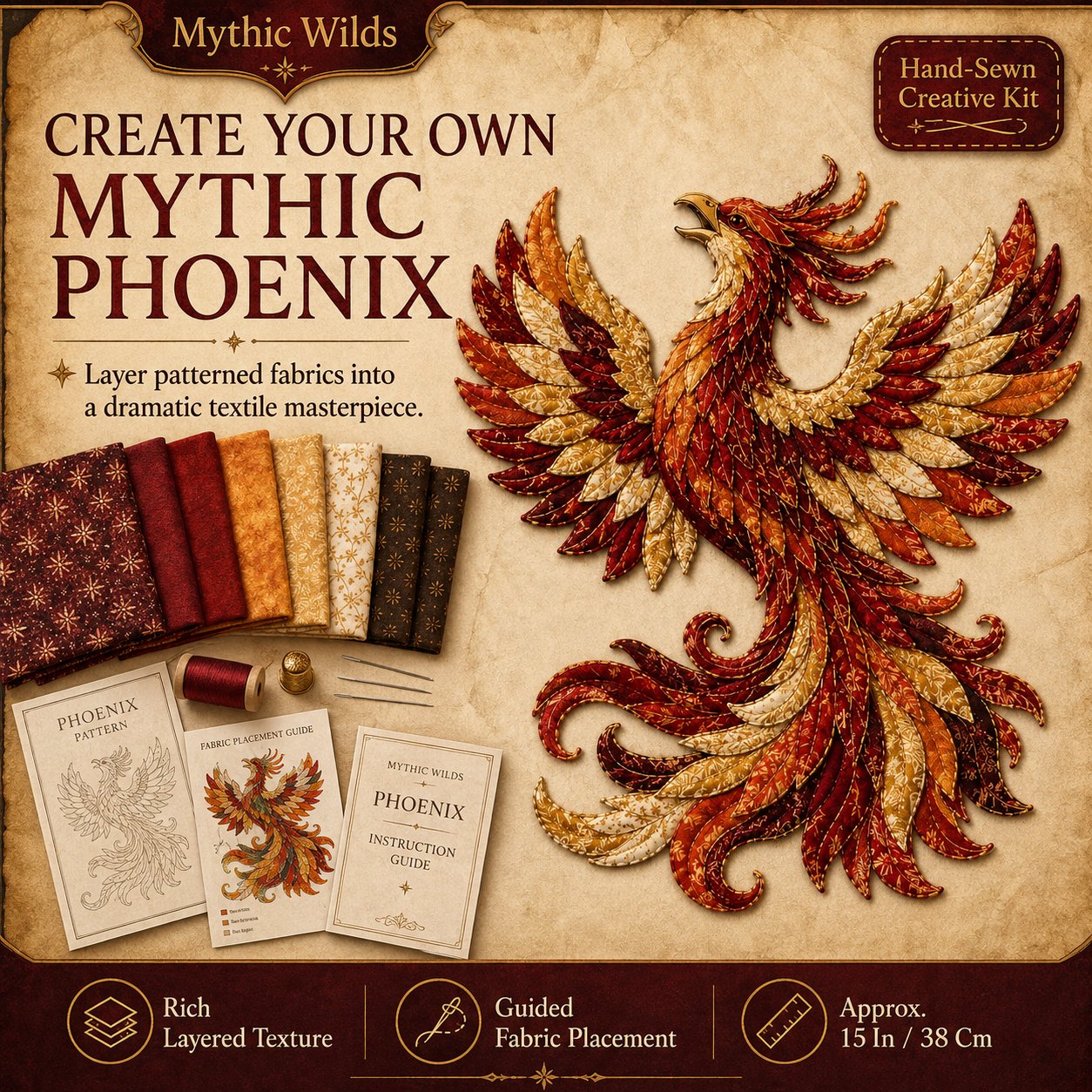 🏆 Limited-Time 50% OFF🔥 – 🌙 Beginner-Friendly Mythic Wilds DIY Layered Patchwork Art Kit | Complete Kit with Patterned Fabrics, Sewing Materials & Step-by-Step Guide Included 💕