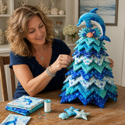 🌊 Ocean Dreams Layered Fabric Tree Craft Kit | Create a Freestanding Coastal Centerpiece with Coordinated Fabrics & Marine Topper 🐚✨