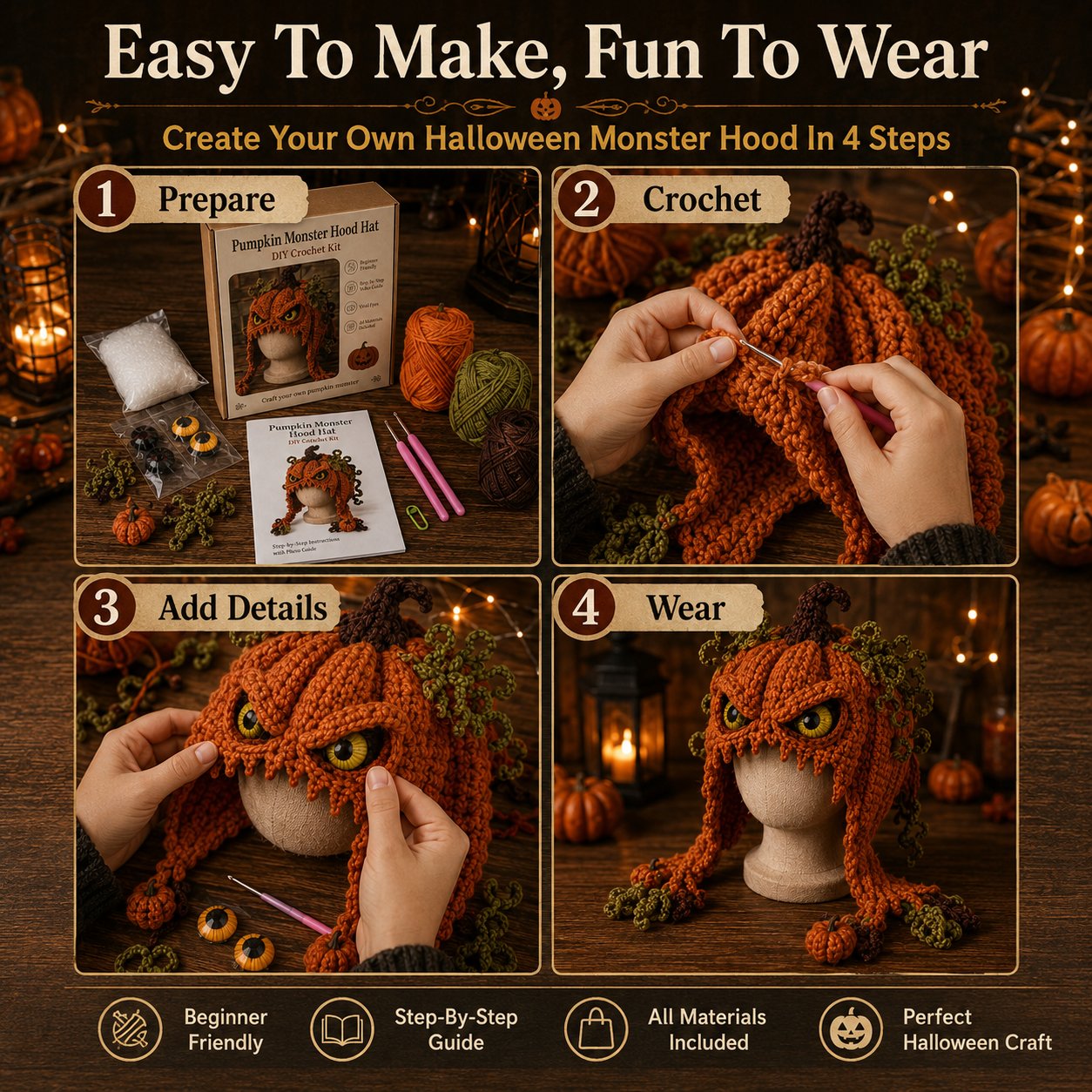 🎭🎃 Halloween Monster Hood DIY Crochet Kit | Premium Soft Yarn Materials with Step-by-Step Guide DIY Handmade Wearable Character Hood 🧶✨