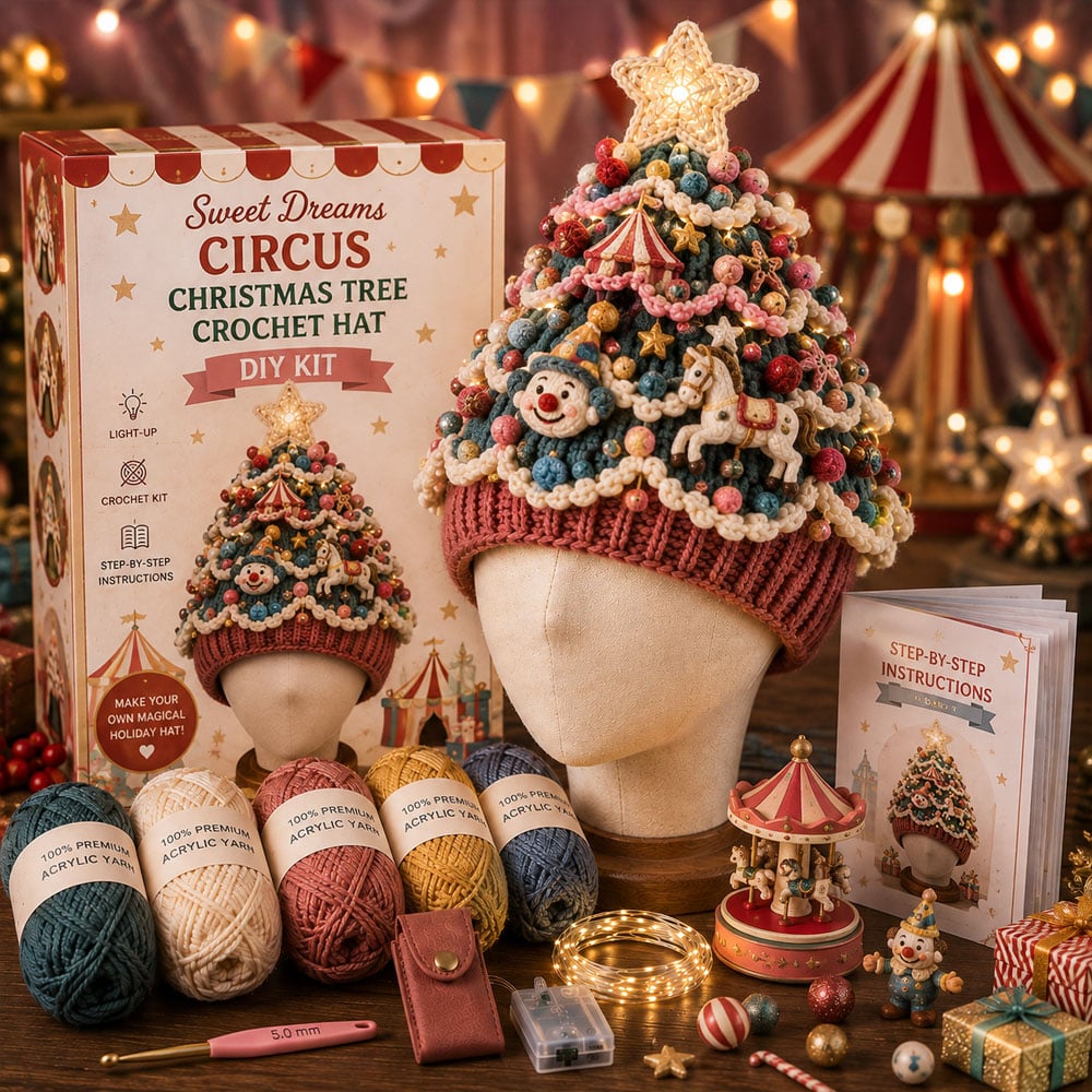 🎄Beginner-Friendly Light-Up Christmas Tree Crochet Hat DIY Kit | Complete Kit with Coordinated Yarn, LED Lights & Step-by-Step Guide Included 💕